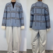 チェック柄スキッパーモヘアタッチknit/ペールブルー