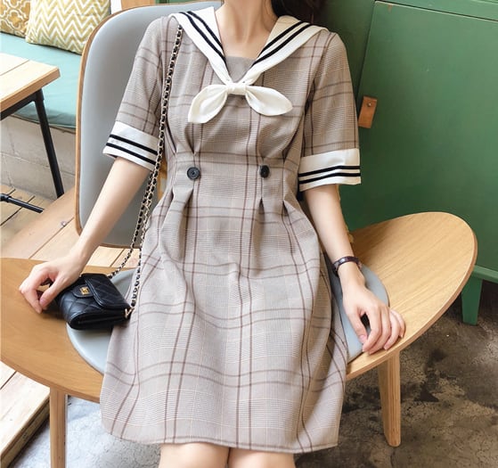 韓国ファッション 半袖 ワンピース レディース チェック柄 オルチャン 夏秋 制服風 Tb 546 毒いちご 韓国ファッション