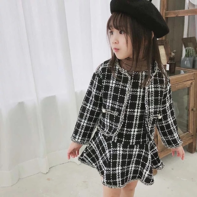 90〜130cm♡ ツイード ジャケット&ワンピース セットアップ /  パール チェック Aライン ツイードジャケット キッズ 女の子 子供服 2018