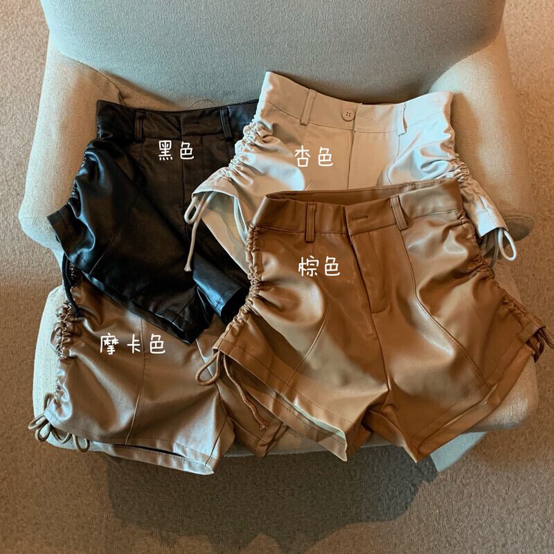 ギャザーカジュアルパンツ オータム薄手レザーハイウェストウェストスリムスカート ショート 秋物 ガールズファッション12229732566