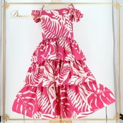 フラダンス 衣装 ワンピース ドレス ピンク系 Kukui 日本製 ハワイアンプリント 植物柄 花柄 ハワイアン アロハ フラ ダンス レッスン 練習 フリル リボン ホワイト系 オフショル 華やか 鮮やか かわいい おしゃれ フェミニン かわいらしい カジュアル レディース 軽量 ボリューム感