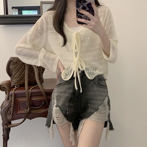 透かし編み シアー カーディガン レディース 夏 韓国風 フロントリボン ショート丈 長袖 サマーニット レース 羽織り 透け感 冷房対策 日よけ 細見え フレンチガーリー バレエコア [LS-CGT123]