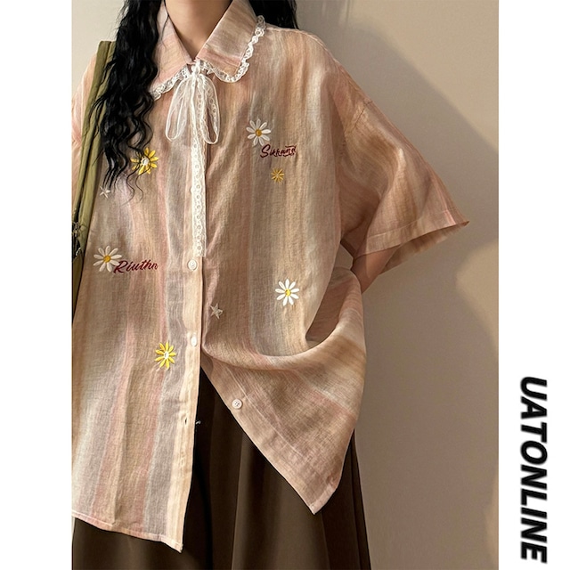 【UATONLINEシリーズ】★シャツ★ 花柄刺繍 配色 レースネクタイ レディース カワイイ ピンク