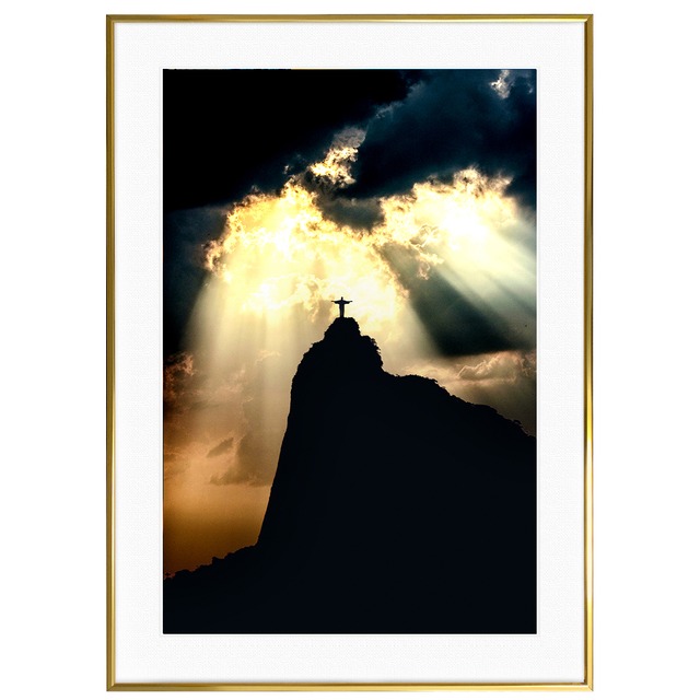 夕日写真 ブラジル リオデジャネイロ コルコバードのキリスト像 インテリア アートポスター額装 AS1613