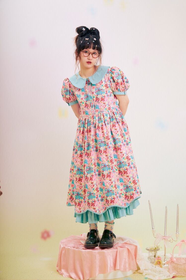 ワンピース】水色 リボン 花柄 フラワー ニット 可愛い かわいい 水色