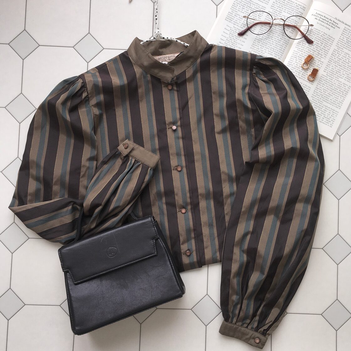 silk blend striped puff sleeve blouse〈レトロ古着 シルク混 