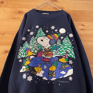 【SNOOPY】90s ピーナッツ スヌーピー スウェット 冬 雪  アイススケート イラスト アメリカ古着