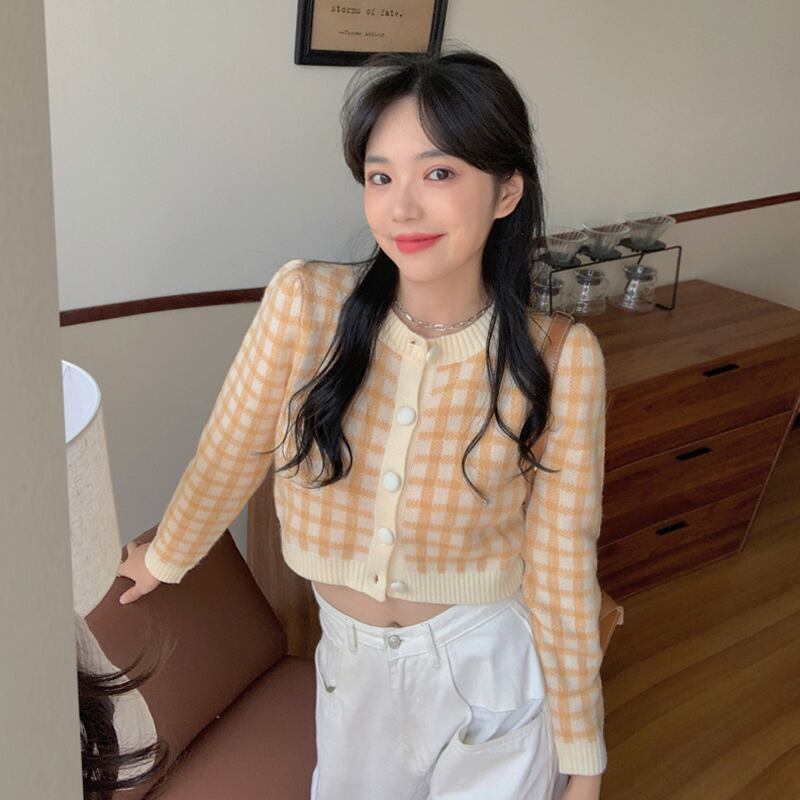 スタイル格子柄セーター レディーススプリングオータムニットカーディガンショートトップス 春物 秋物 スーパーモール63721304938