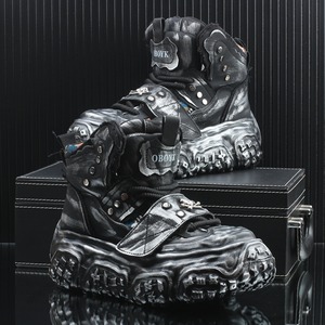 ◆【RECOMMEND】グランジスクラッチスカルスタッズベルクロレースアップハイカットシューズ（2カラーあり）（ruf_02475）