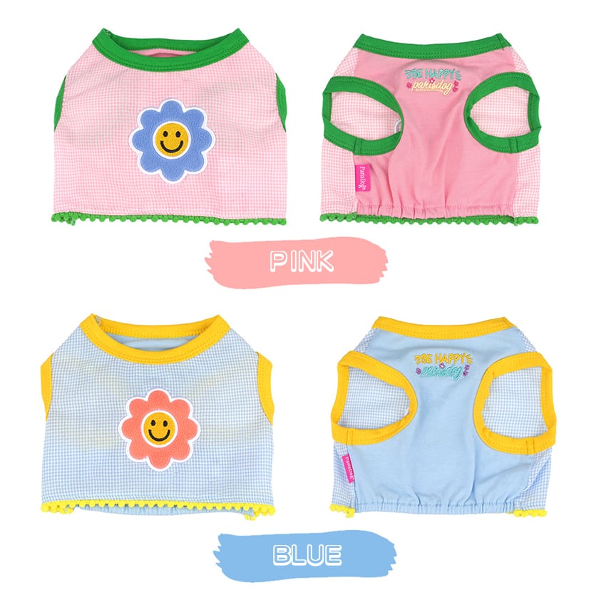 smile flower crop top S ~ XL 2color / 犬服 春夏 新作 可愛い 犬の服 Tシャツ ショート丈 トップス crop top おぱんつカット お揃い ドッグウェア 涼しい ストレッチ カラフル top159