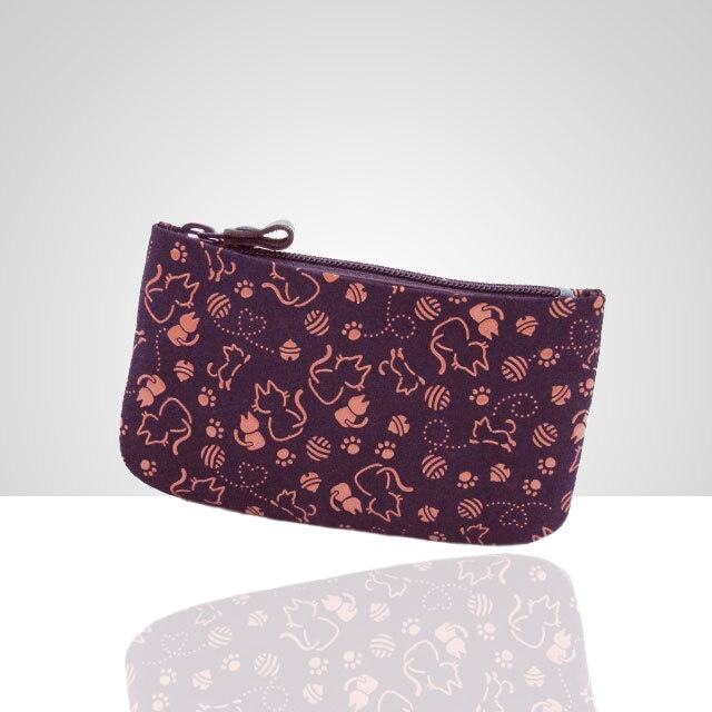 にゃんこ柄小銭入(紫革×ピンク漆)