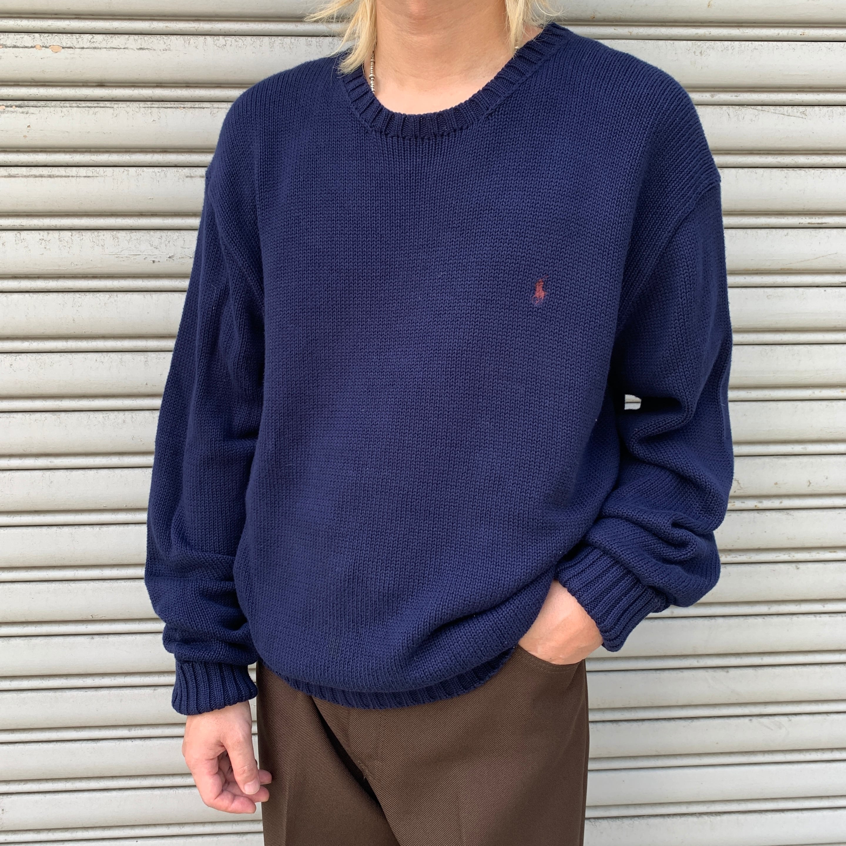 90s OLD GAP ヘンリーネック コットンニット ネイビー インド製 90s GAP オールドギャップ コットンニット リブ編みニット グリーン M