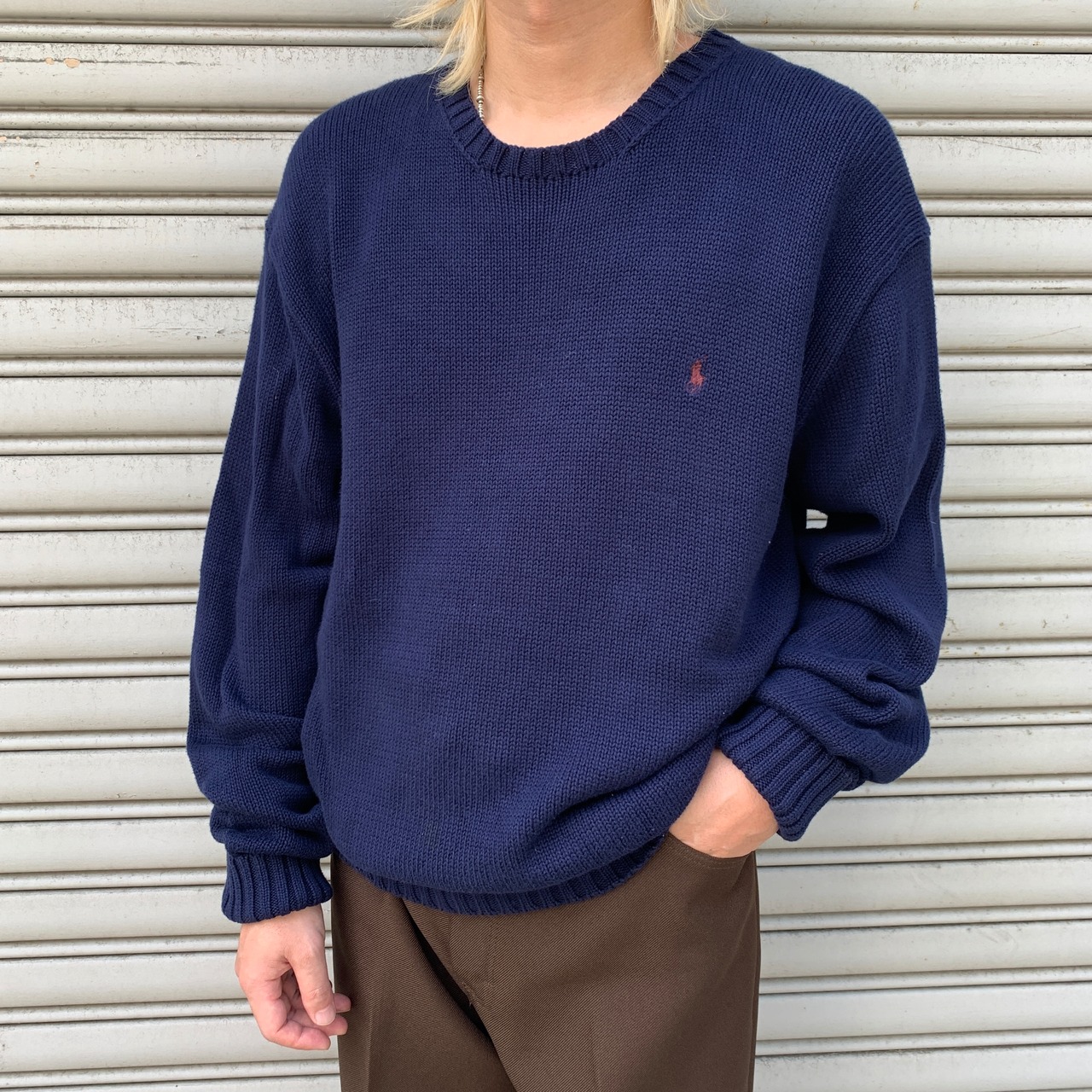 90s ラルフローレン コットンニット セーター 香港製 ネイビー L
