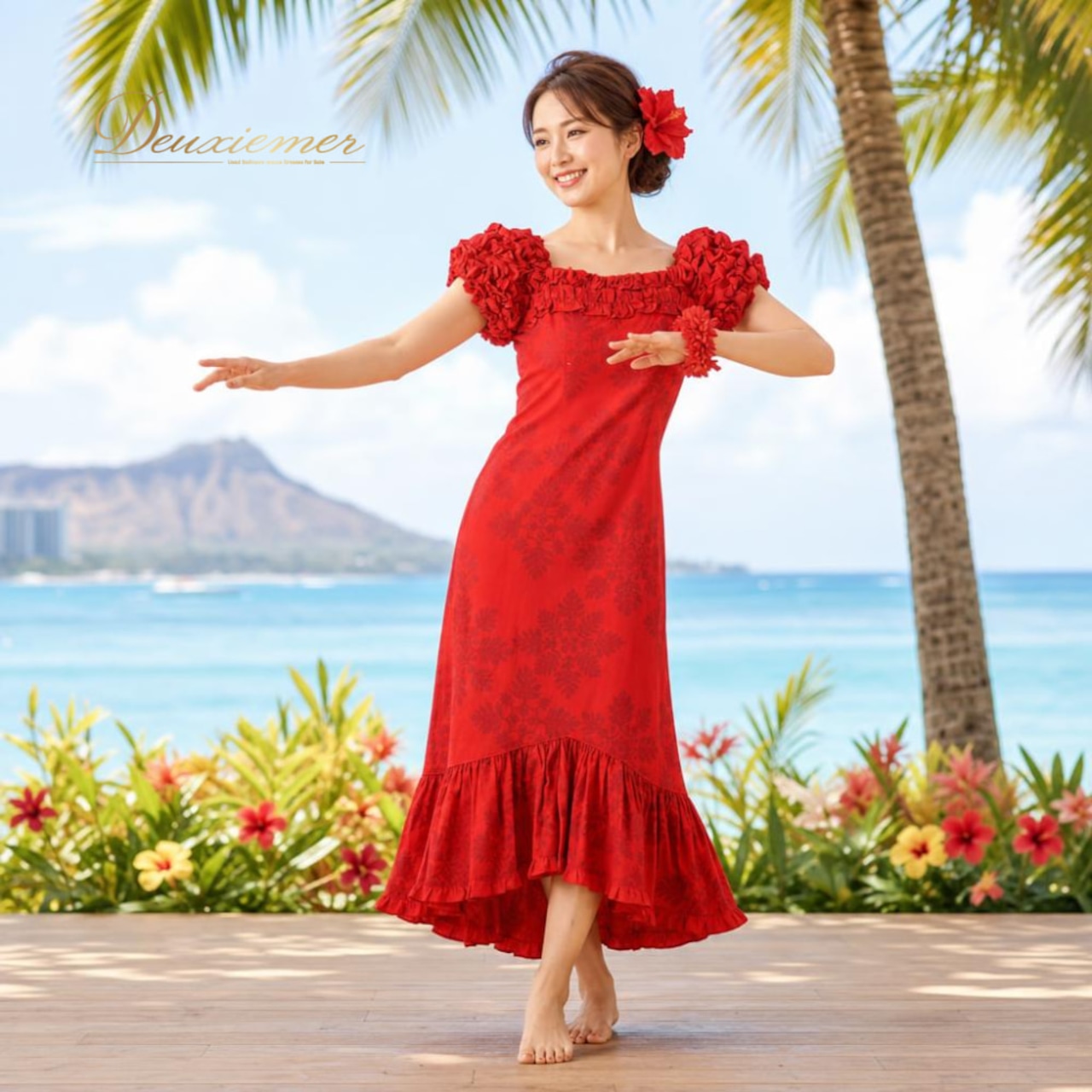 フラダンス 衣装 T&L MUUMUU FACTORY ムームーファクトリー ワンピース ドレス レッド系 赤 キルト柄 花柄 フリル ハワイアンプリント ハワイアン アロハ フラ ダンス レッスン 練習 ハワイアンダンス フリル袖 華やか 鮮やか かわいい おしゃれ 大人っぽい ダンス衣装 練習着 レッスンウェア