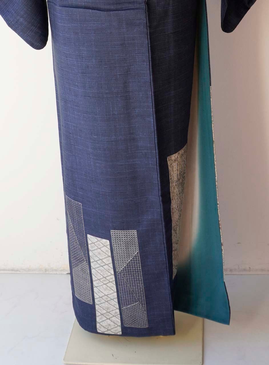 袷】青藍地 刺繍柄 附け下げ紬 | 大山キモノ・ちぇらうなぼるた