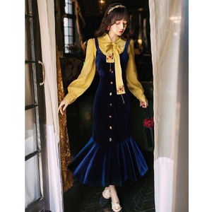 ロング丈ワンピース カジュアルワンピース レディースファション 2点セットワンピース 普段着 デート 女子会 プレゼント 母の日 通勤 S M L 長袖 文芸的 合わせやすい ベルベット レトロ フィッシュテール カラーボタン 激安レディースファッション通販サイト