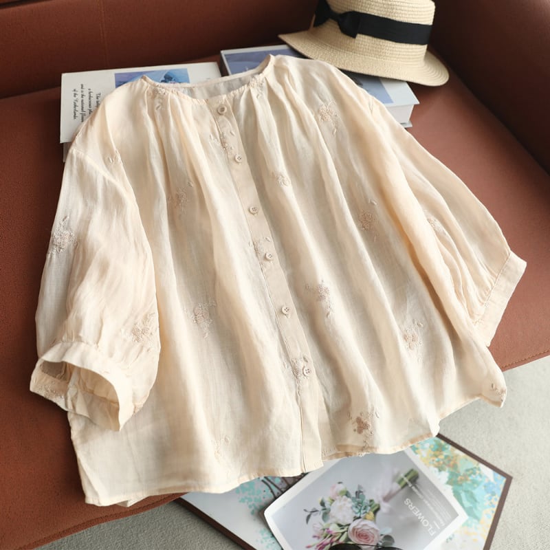 お花刺繍ラウンドネックパフスリーブシャツ W1902