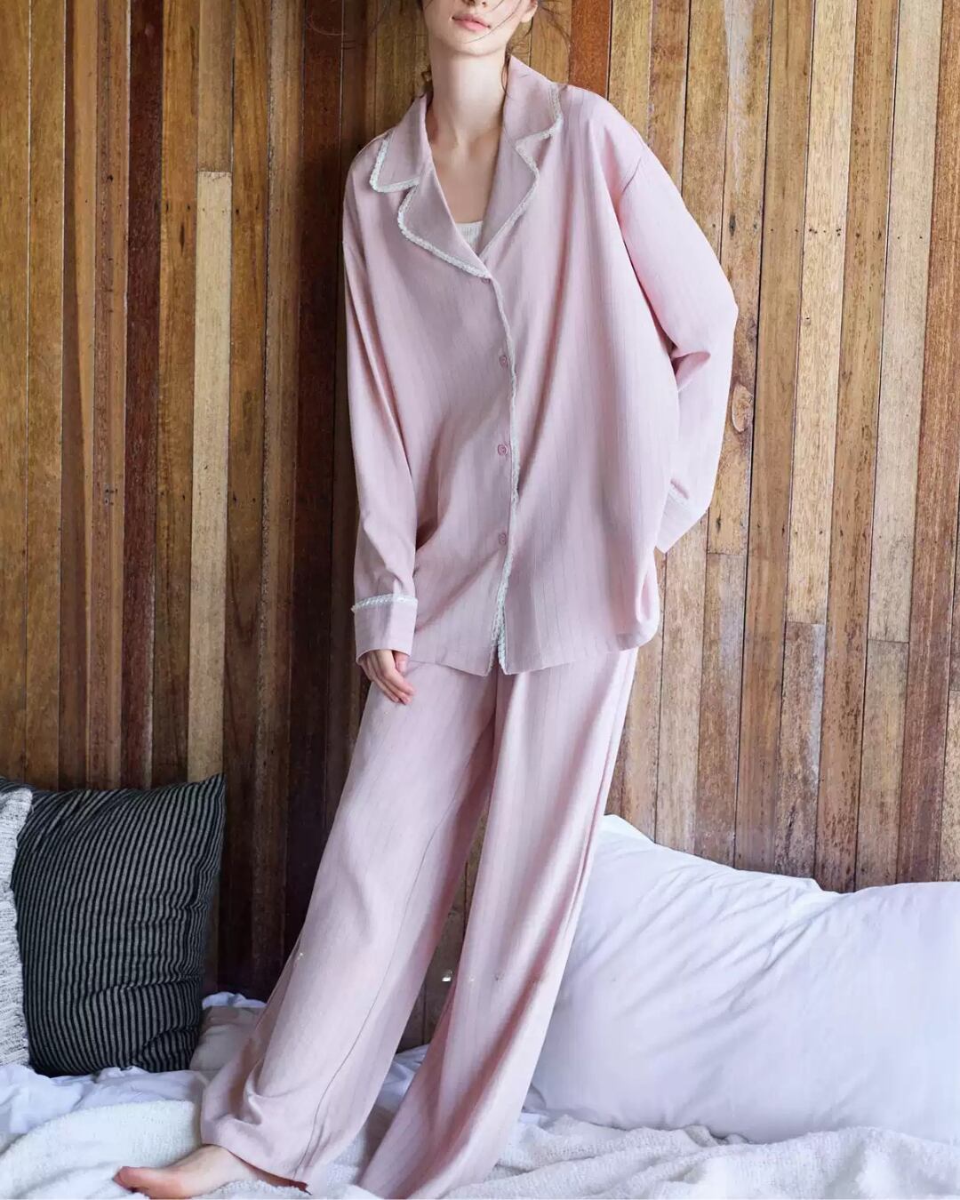 レースパイピングストライプルームウェア R25037