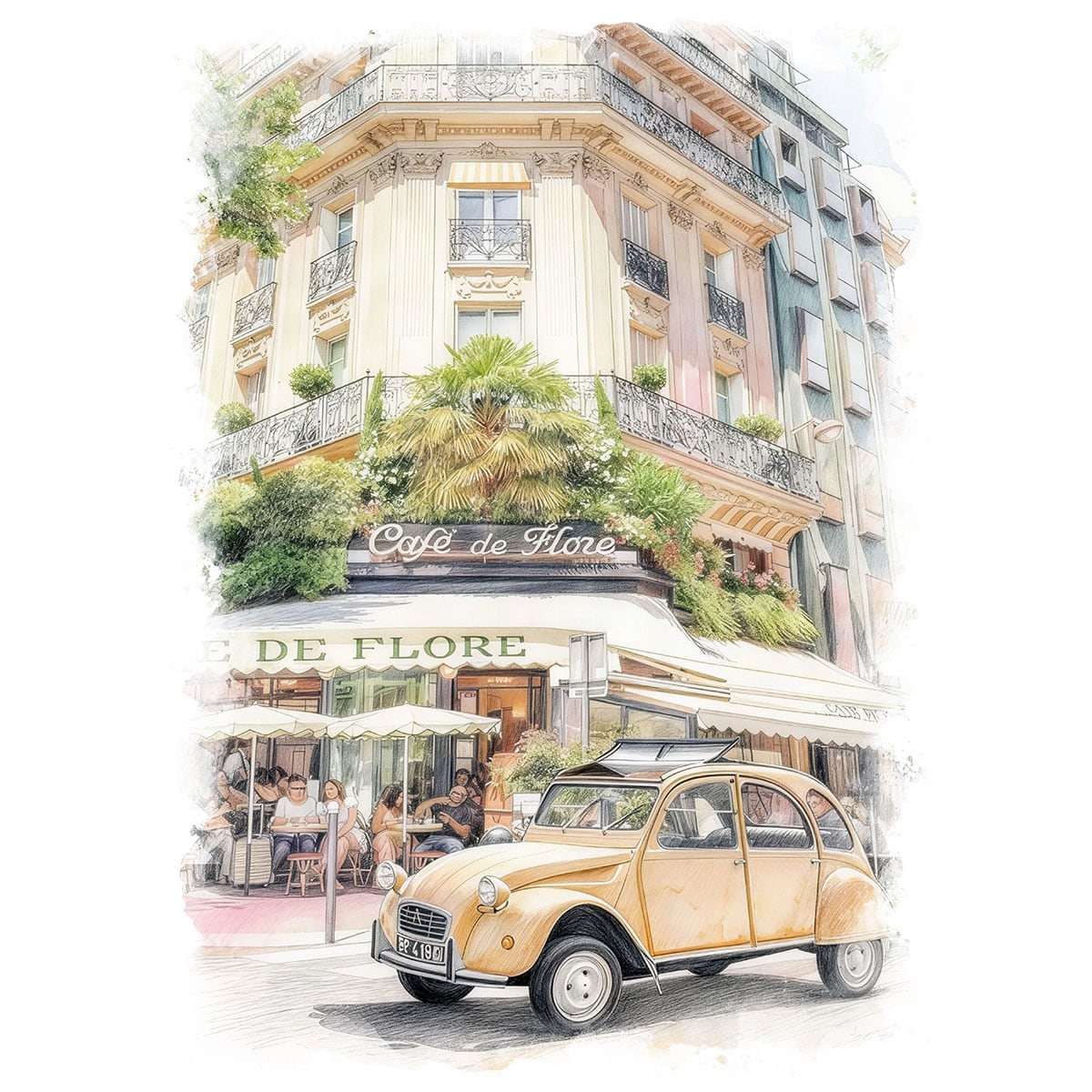 絵画 風景画(街並み) フランスパリのカフェ フロールとシトロエン