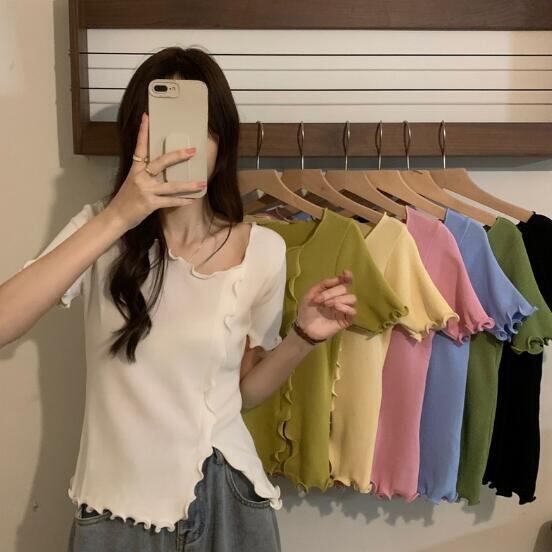 韓国風 chic トップス Tシャツ 半袖 夏ファッション ニット カットソー 不規則 カジュアル