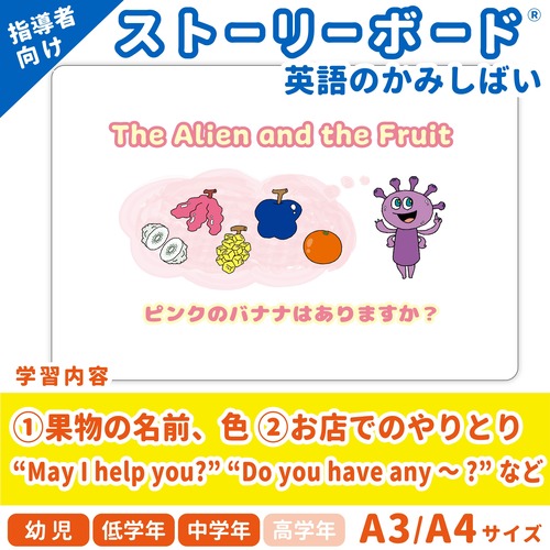 【英語のかみしばいストーリーボード】The Alien ＆ The Fruit／ピンクのバナナはありますか？／A4・A3サイズ