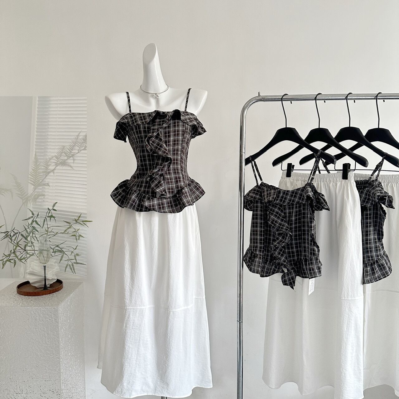 【set】チェック柄キャミブラウス×スカートセット M32004