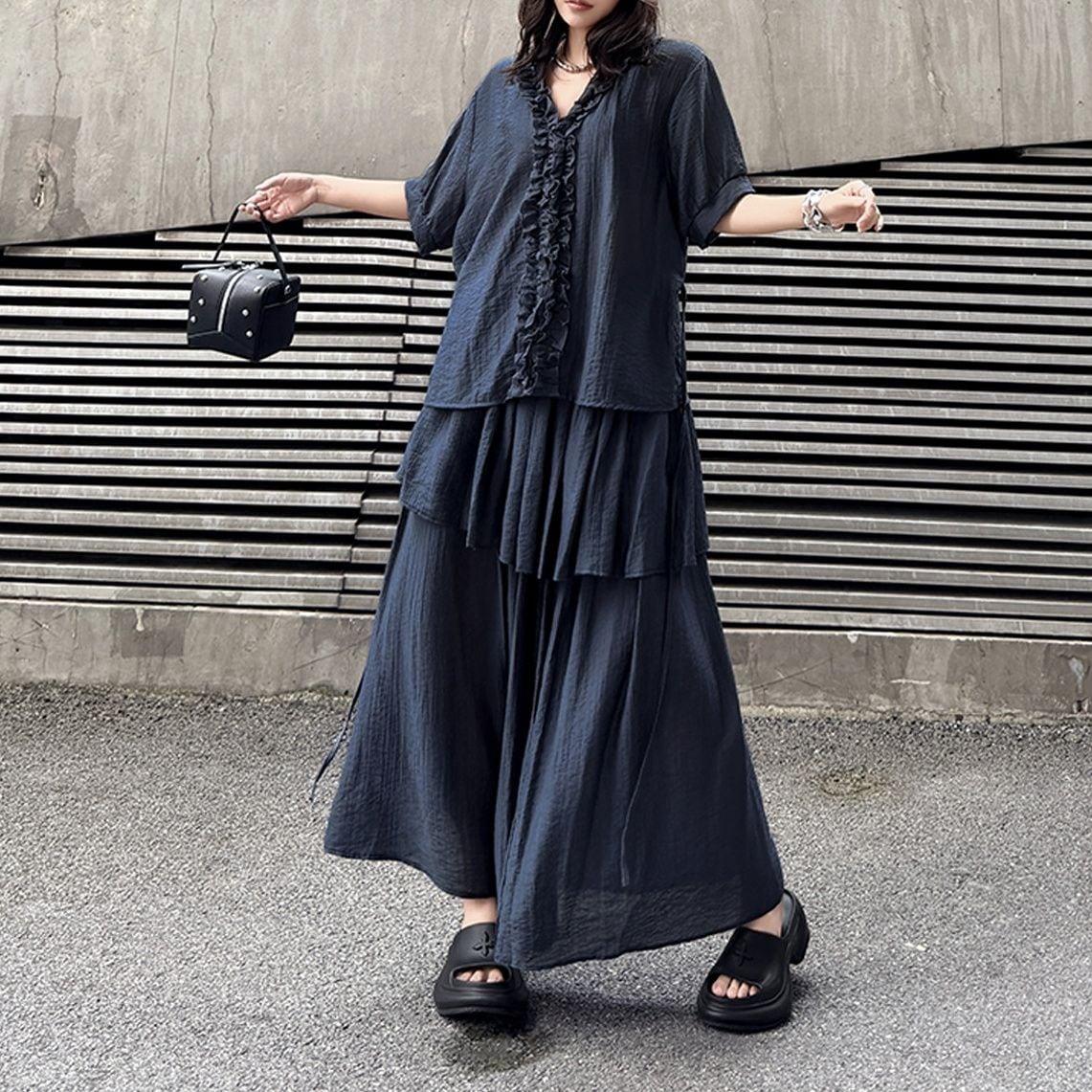 RUFFLED SHORT SLEEVE TOP AND TIERED SKIRT SETUP M-17214