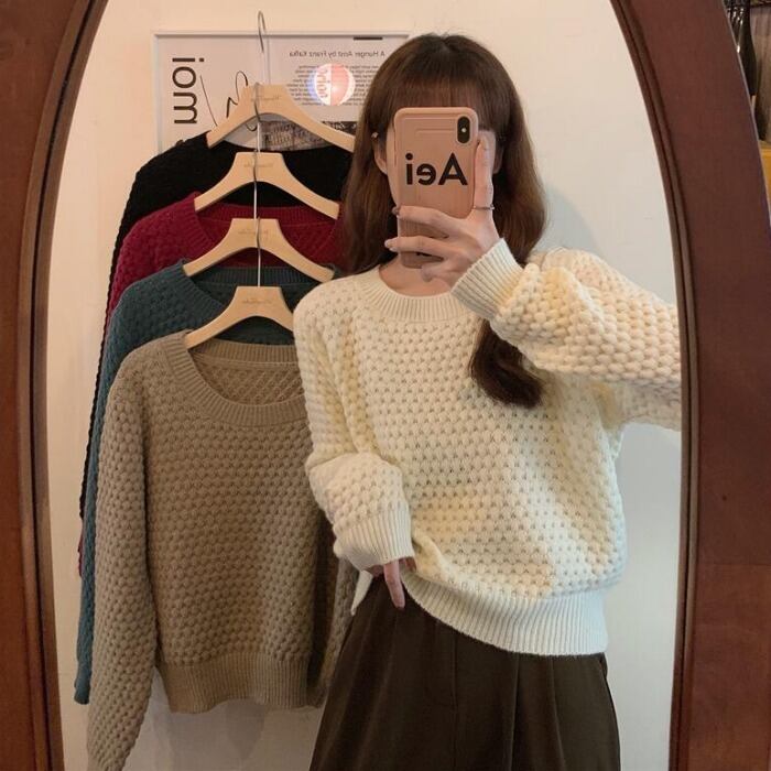 セーター ルーズオータムウィンターラウンドネックスタイルショートトップス ロング 秋物 冬物 Oネック 1号婦人31219196917