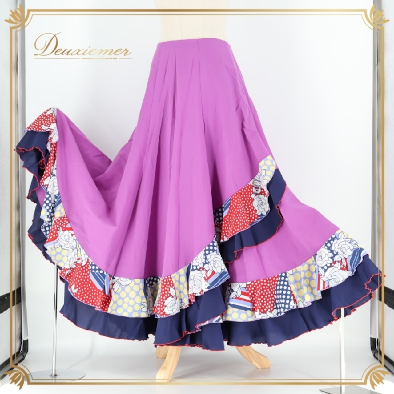 フラメンコ 衣装 ファルダ スカート パープル系 ネイビー系 アトリエ貴美恵 紫 紺 ボランテ フリル 柄 模様 ダンス パーティ 発表会 フラメンコダンス ステージ衣装 イベント用 コスチューム おしゃれ かわいい
