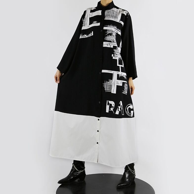 STAND COLLAR CONTRAST DESIGN LONG SHIRT DRESS 1color M-3651