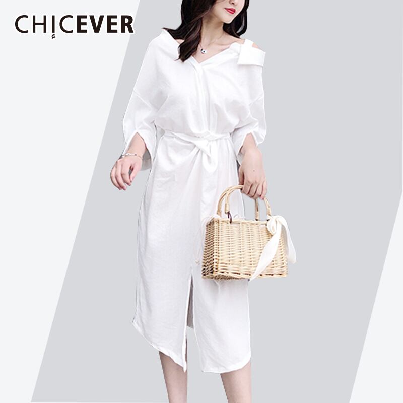 CHICEVERサマードレス女性Vネックオフショルダーウエストレースアップ裾スプリットビッグサイズスリムドレス 夏物 6base526280174803