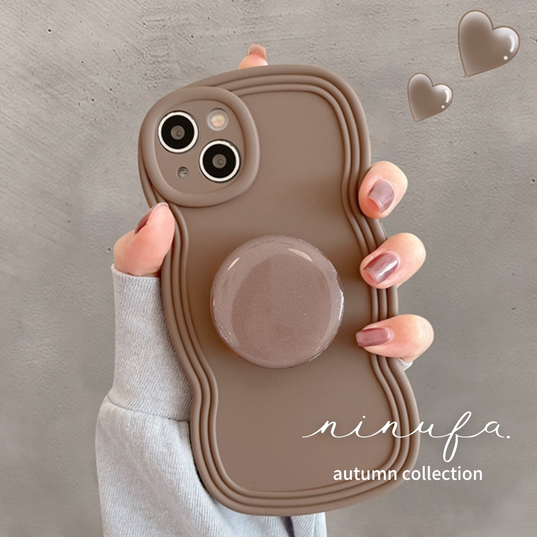 【再販】秋ブラウン波ケース◎ウェーブフレーム 落下防止 ハンドグリップ付き シンプル カメラレンズ保護 iphone14 スマホケース ND-14715