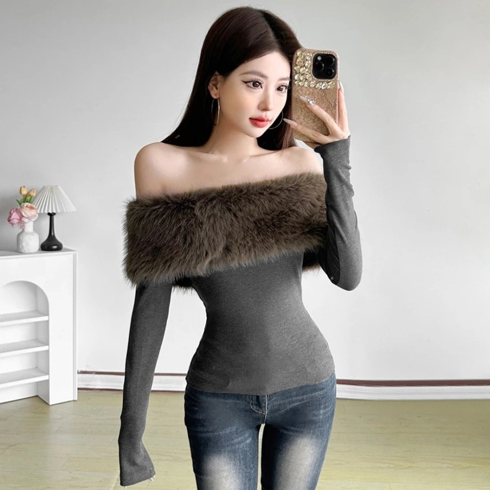 SylCue 秋の新スタイル Tシャツ女性毛皮のようなパッチワークスラッシュネックバックレスフルスリーブホットガールハイストリートファッションクラシックトップス