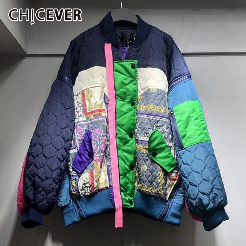 CHICEVERパッチワークヒットカラーコットンコート女性スタンドカラー長袖プリント厚手のストリートウェアコート冬 ロング ウィンター 冬物 6base52387686764