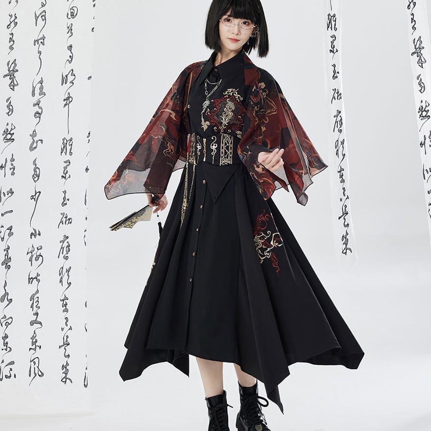金雲に潜む黒龍 刺繍タッセルアシンメトリー中華サブカル系ワンピース