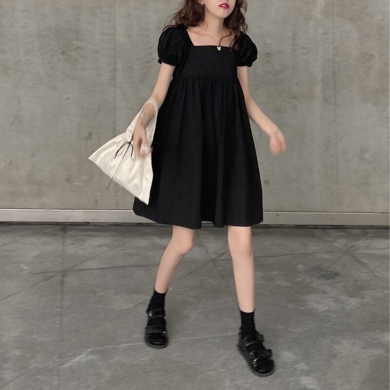 ルーズハイウェストウェストスリム半袖スリーブカラードレス ショート ハーフスリーブ スクウェア ハンチェンe42266049752