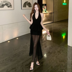 ロングドレス レディース ハルターネック V ネック ペプラム シースルーメッシュ ブラック セクシー パーティー MJ2-OYF1373