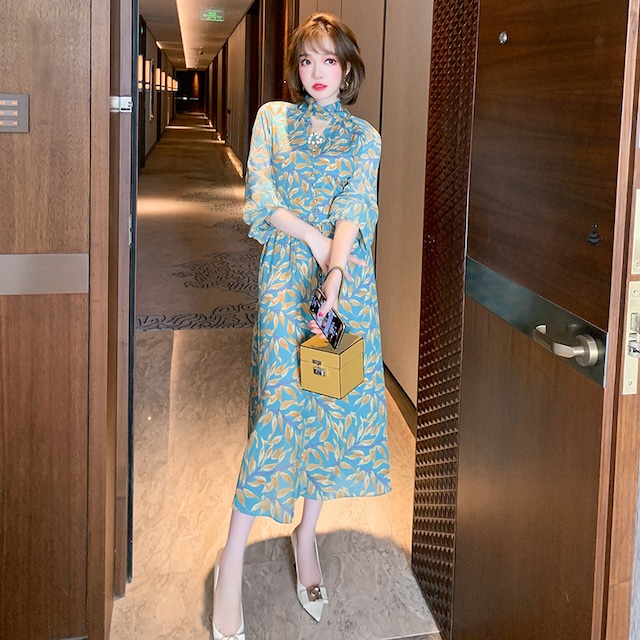 スタンドカラーカラーウェストスリムプリント柄ドレス スプリング 春物 MIUCO52490451459