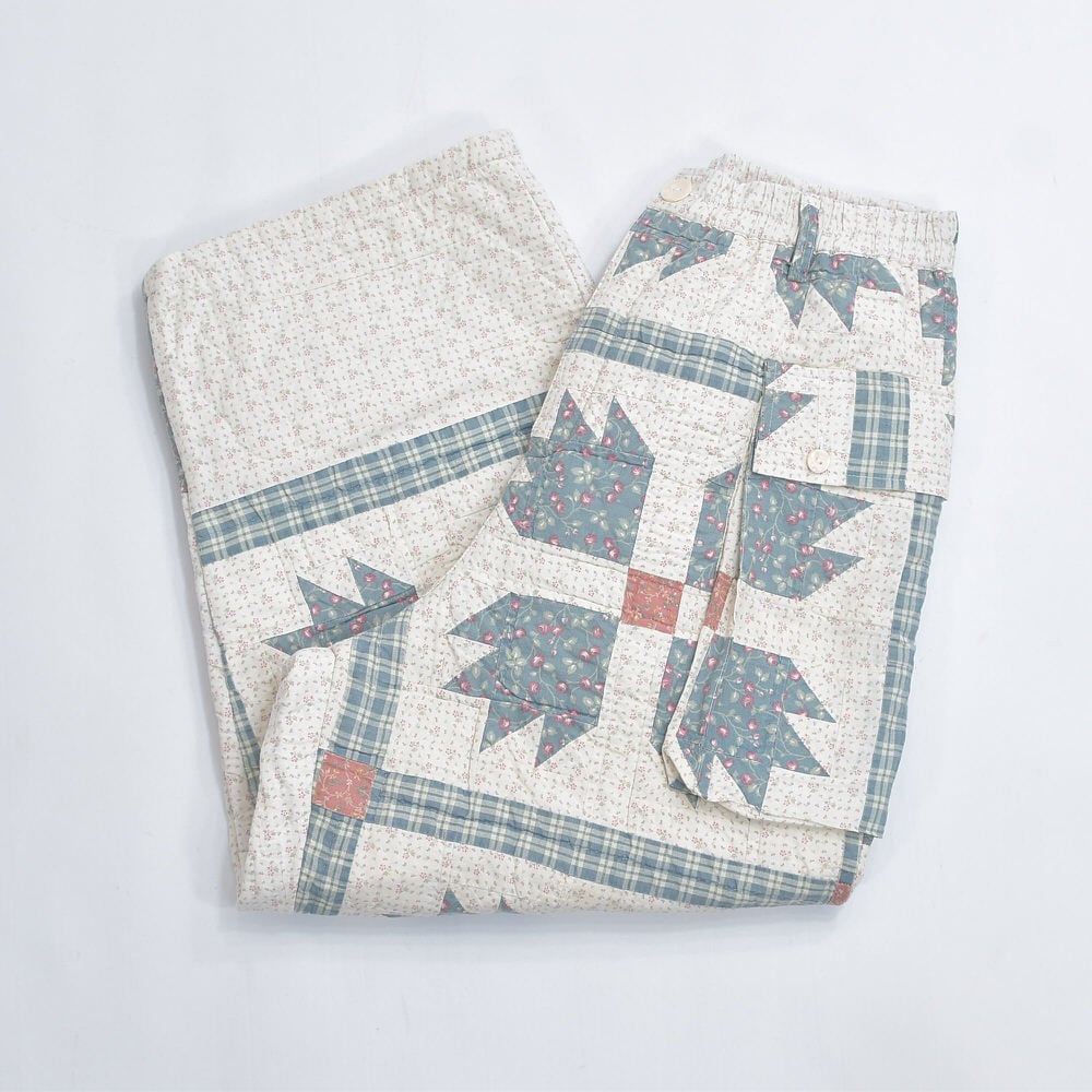 Remake リメイク ハンドメイド デザイン パッチワーク キルト ワイドシルエット カーゴパンツ 再構築 花柄 フラワー チェック ツギハギ コットン W70~100cm