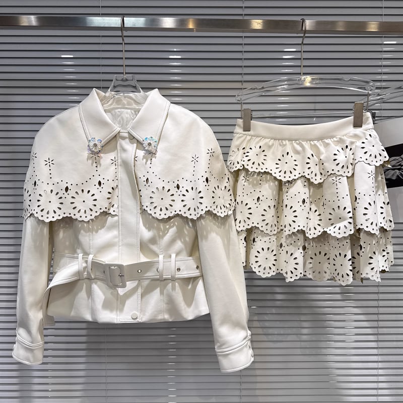 【set】カットワークレースジャケット×ティアードスカートセット Q7329