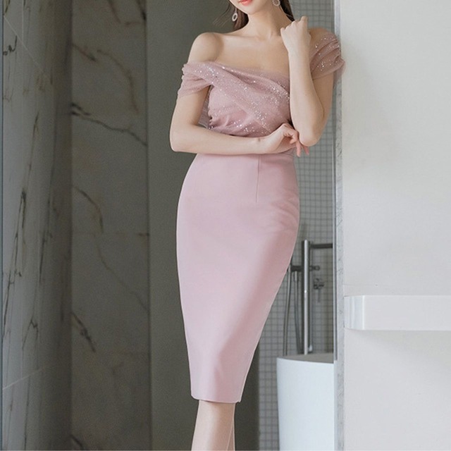 オフショルダー シースルーミディアムドレス　L00122