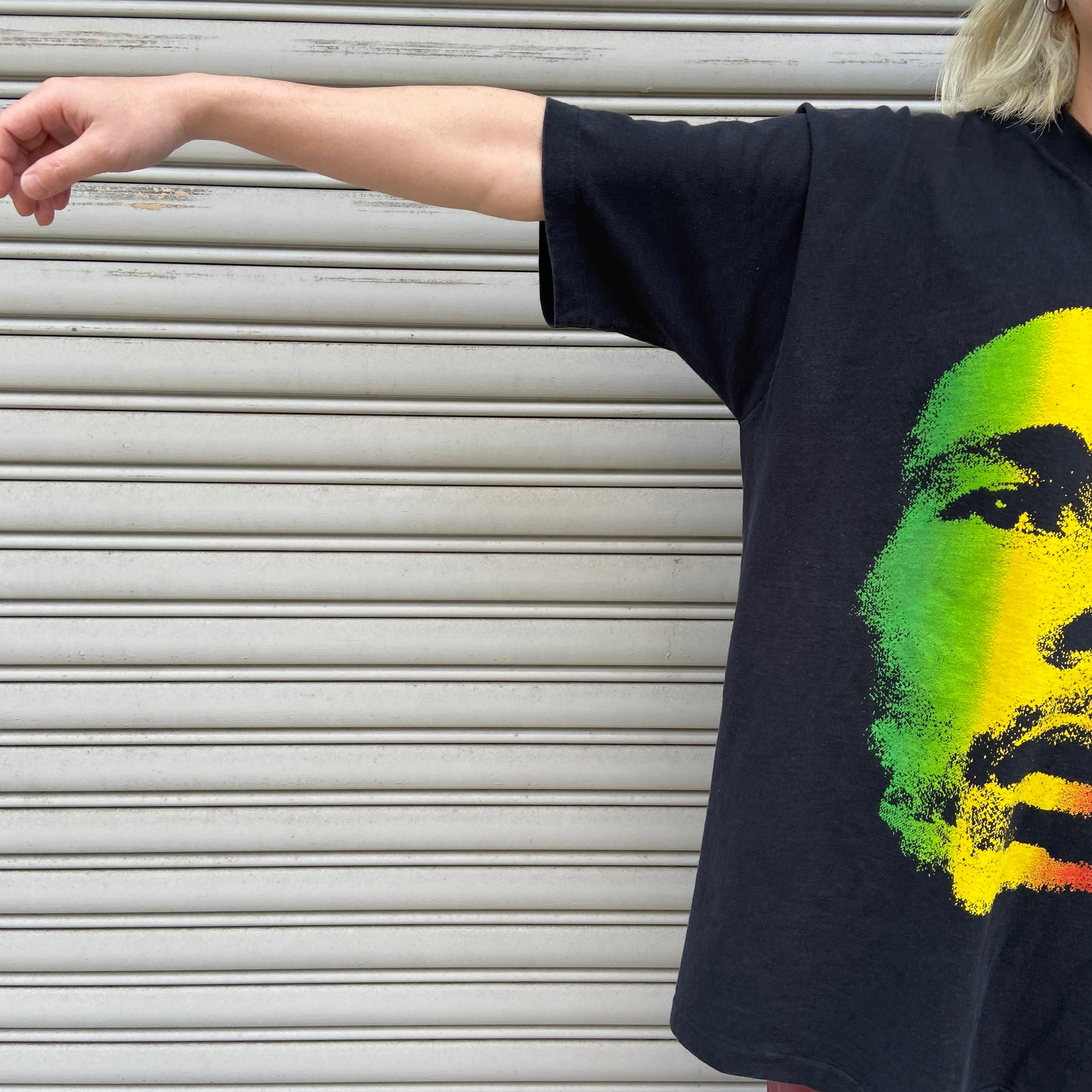 90s USA製 ボブマーリー フォトプリントTシャツ ラスタカラー 黒 XL
