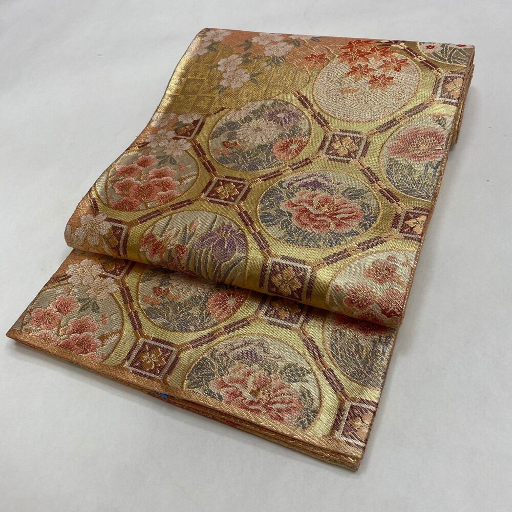 中古 礼装袋帯 正絹 草花 六通柄 ゴールド Cランク 444cm 5945