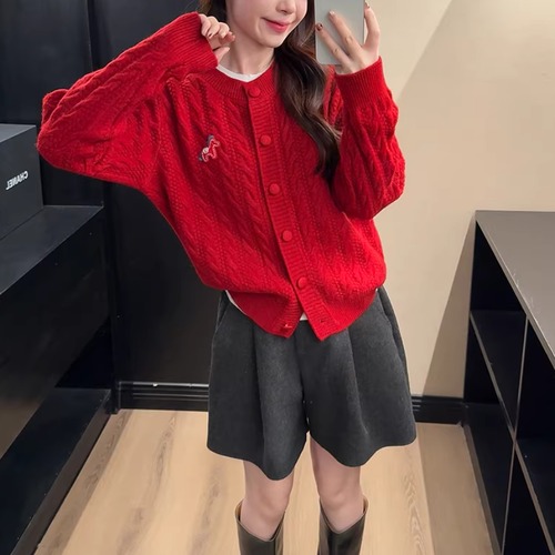 3色／ワンポイントケーブルニットカーデ ・75100