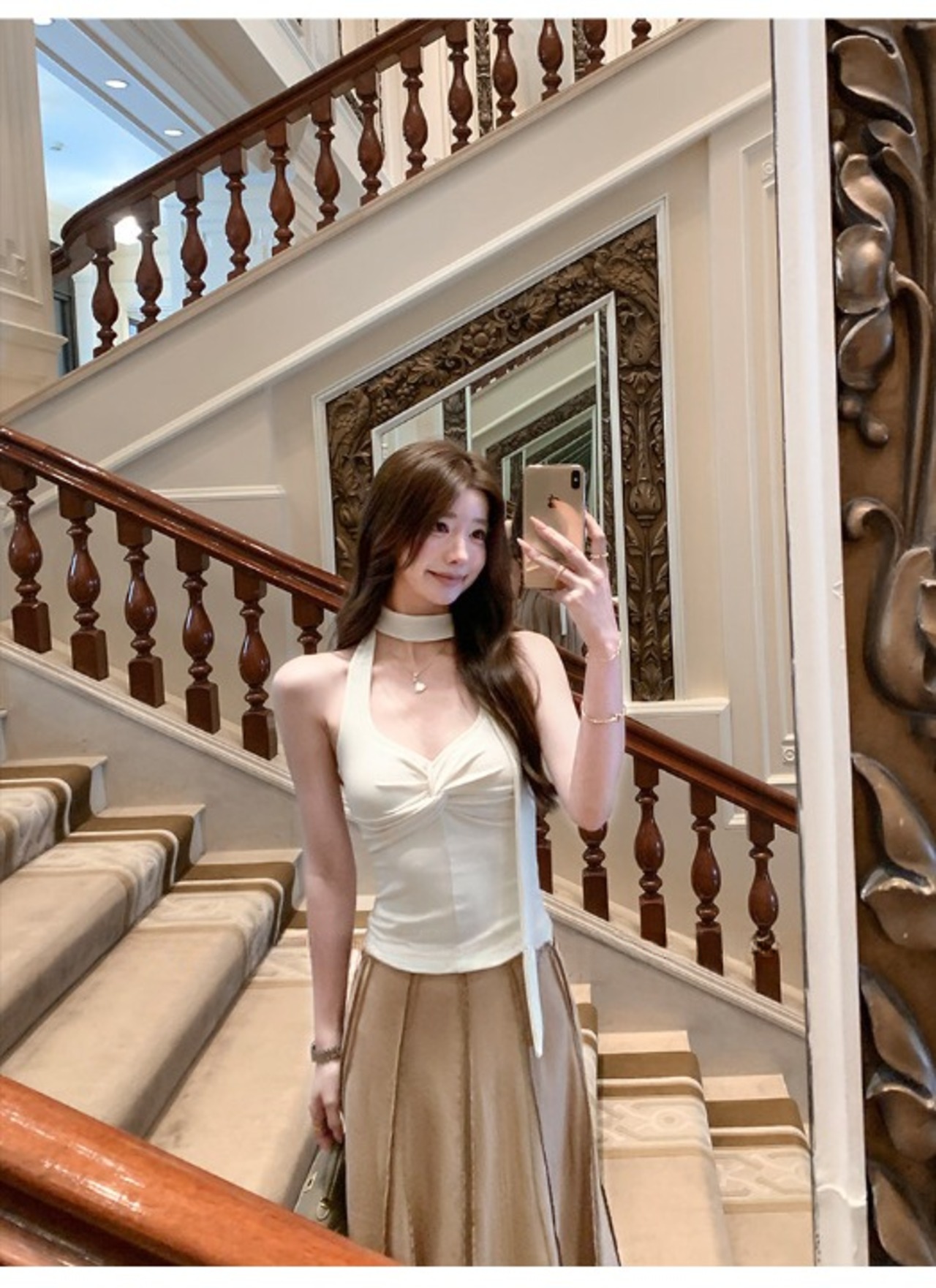 Glossy Material Pleated Flare Long Skirt【H00072】