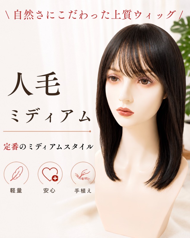 商品名【しほ】自然な分け目 × 扱いやすい定番ミディアム　医療ウィッグ・人毛 gallery image 1