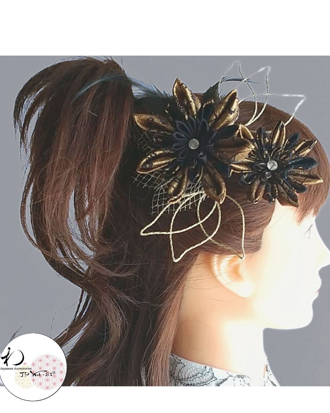 国産髪飾り3点入り//つまみ細工・羽根・水引MIX/大人かっこいい・黒