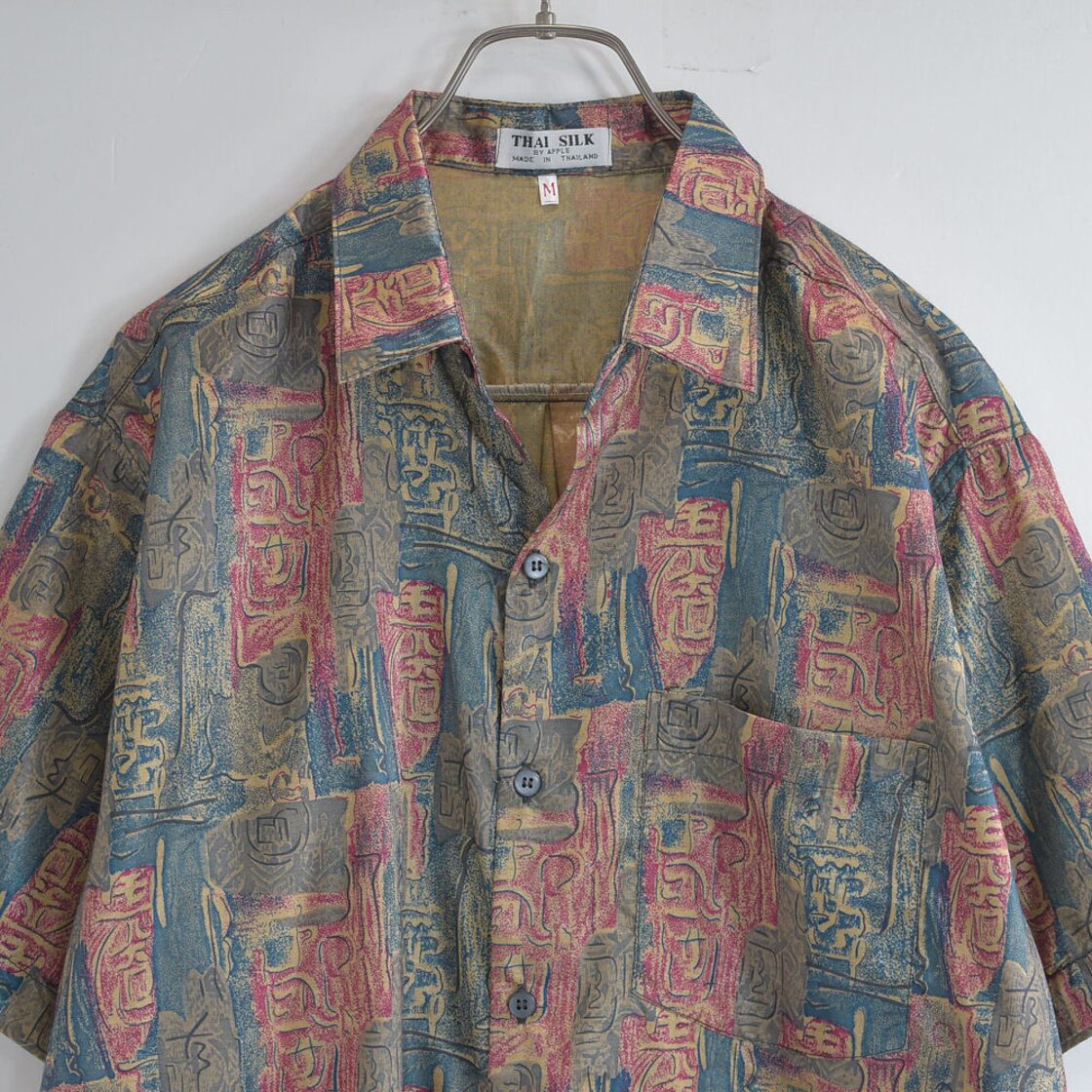 80～90s THAI SILK by APPLE 幾何学模様 総柄 シルクシャツ 