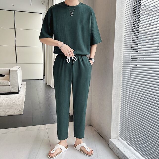 【予約販売】メンズ セットアップ 上下 半袖 パンツ ストリート Tシャツ ブラック ホワイト グリーン 部屋着 韓国 ジム スポーツウエア カジュアル 春 夏 大きいサイズ M/L/XL/2XL/3XL