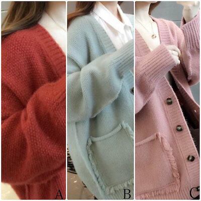 レディース トップス 長袖 ニット カーディガン 無地 Vネック タッセル